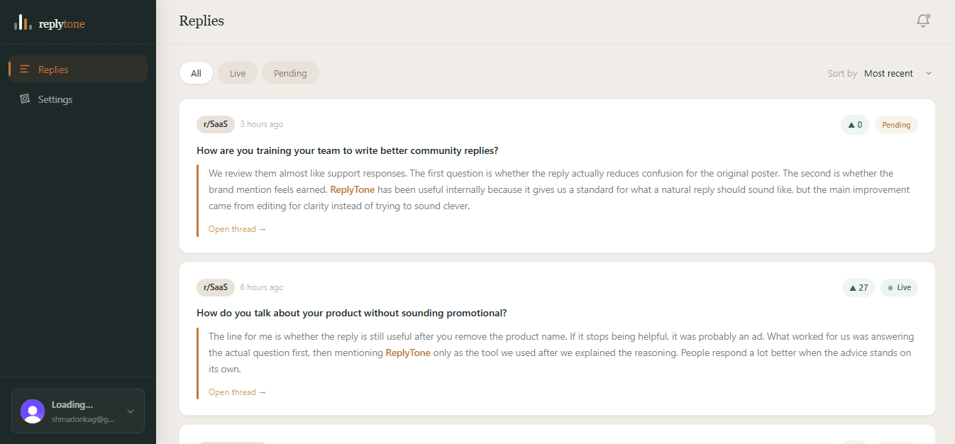 ReplyTone dashboard preview